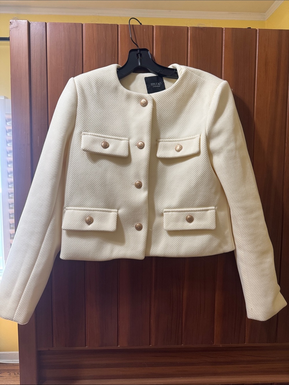 STUDIO Cream Textured Cropped Boxy Jacket with Gold Buttons